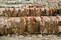 Roman red bricks at archaeological site of the ancient town of Heraclea Sintica, Rupite region, Bulgaria Royalty Free Stock Photo