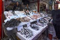 Fresh fishes on the counter at a fish shop in the central market of Heraklion city