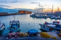 Heraklion, Greece, August 24, 2022: Sunrise view of marina in Gr