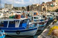 HERAKLION, GREECE - November, 2017: colorful fishing boats near old Venetian fortress, Heraklion port, Crete Royalty Free Stock Photo