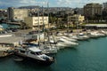 HERAKLION, GREECE - November, 2017: colorful fishing boats and yachts in old Venetian fortress, Heraklion port, Crete Royalty Free Stock Photo