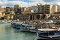 HERAKLION, GREECE - November, 2017: colorful fishing boats near old Venetian fortress, Heraklion port, Crete Royalty Free Stock Photo