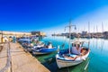 Heraklion harbour with old venetian fort Koule and shipyards, Crete.