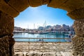 Heraklion harbour with old venetian fort Koule and shipyards, Crete.