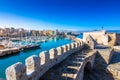 Heraklion harbour with old venetian fort Koule and shipyards, Crete. Royalty Free Stock Photo