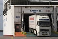 Tractor and trailer rig reversing onto an inter island ferry in Heraklion port, Greece.