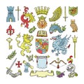 Herald vector heraldic shield and heraldry vintage emblem of crown lion or knights helmet illustration set of royal