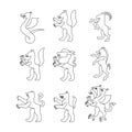 Heraldic animal set linear style. Panther, camel. Goat, Hydra and Enfield. Fox, wolf and Alphyn. Deer, camel and Yale. Salamndra,