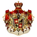 Heraldic shield with a crown and royal mantle, richly ornamented, on a white background. 3D . High detailed realistic