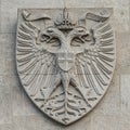 Heraldic Coat of Arms as decoration elements at facade of main city hall Rathaus in Vienna, Austria