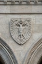 Heraldic Coat of Arms as decoration elements at facade of main city hall Rathaus in Vienna, Austria