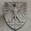 Heraldic Coat of Arms as decoration elements at facade of main city hall Rathaus in Vienna, Austria