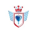 Heraldic coat of arms decorative emblem with wings and heart shape. Winged protection shield emblem created with imperial
