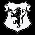 Heraldic coat of arms. Heraldic lion silhouette, heraldic shield with a crowned lion holding an axe in its front paws Royalty Free Stock Photo