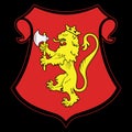 Heraldic Coat Of Arms Of Norway. Crowned with a Royal crown, a scarlet shield with a Golden crowned lion holding a Royalty Free Stock Photo