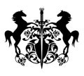 Heraldic coat of arms with two horses, sword and rose flowers black vector silhouette design Royalty Free Stock Photo