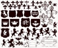 Heraldic collection of shields, silhouettes of lions