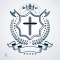 Heraldic emblem made using graphic elements like hatchets, crown