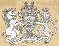 Heraldic emblem with unicorn and fairy lion beast on texture background