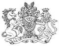 Heraldic emblem with unicorn and fairy lion beast on white, line art