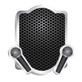 heraldic frame with grill surface and pair wireless dynamic microphone icon relief