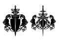 Heraldic knight, royal crown, sword, rose flowers and shield black and white vector emblem design