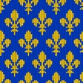 Knitted woolen pattern with classic royal lilies on a blue background