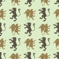 Heraldic lion royal crest medieval knight silhouette vintage seamless pattern king symbol heraldry vector illustration