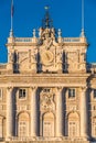 Heraldic shield, clock and bells detail of Royal Palace Palacio Real of Madrid, Spain