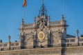 Heraldic shield, clock and bells detail of Royal Palace Palacio Real of Madrid, Spain