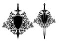 Heraldic shield with knight sword and rose flowers black and white vector design
