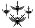 Heraldic shield with royal crown, knight sword and spread eagle wings black and white vector design set Royalty Free Stock Photo