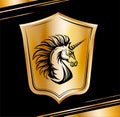 Heraldic shield with Unicorn horse head. Golden emblem Royalty Free Stock Photo