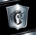 Heraldic shield with Unicorn horse head. Silver emblem