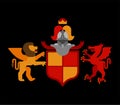 Heraldic Shield Winged Lion and Dragon and Knight Helmet. Fantastic Beasts. Template heraldry design element. Coat of arms of roy Royalty Free Stock Photo