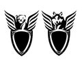 Heraldic shield with winged lioness and wolf head black and white vector design set Royalty Free Stock Photo