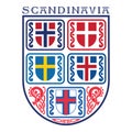 Heraldic shields with Nordic flags. Scandinavia Norway, Iceland, Sweden, Denmark, Finland, Faroe Islands Royalty Free Stock Photo