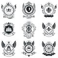 Heraldic signs vector vintage elements. Collection of symbols in vintage style