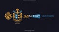 Heraldic-style crest designs featuring intricate gold and blue elements on a dark Royalty Free Stock Photo