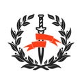 Heraldic sword symbol in a laurel wreath vector icon