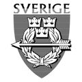 Heraldic symbol of Sweden. Heraldic shield with three crowns, laurel wreath and arrow. Lettering Sweden hand drawn