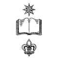 Heraldic symbols - book, flower, star. knowledge and family history in gerb motive. vector illustration Royalty Free Stock Photo