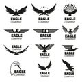 Heraldic symbols with eagle silhouettes. Vector emblems and logos set