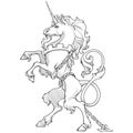 Heraldic unicorn walking on hind legs and chained