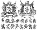 Heraldry In Vintage Style. Engraved Coat Of Arms With Animals, Birds, Mythical Creatures, Fish, Dragon, Unicorn, Lion