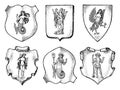 Heraldry in vintage style. Engraved coat of arms with animals, birds, mythical creatures, fish, dragon, unicorn, lion