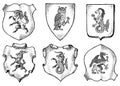 Heraldry In Vintage Style. Engraved Coat Of Arms With Animals, Birds, Mythical Creatures, Fish. Medieval Emblems And The