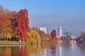 Autumn landscape in the Herastrau park. Colored trees and Floreasca City Center in background - landmark in Bucharest, Romania Royalty Free Stock Photo