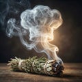 The herb bundle is burning like a smudge stick, releasing thick, aromatic smoke that forms the shape of a chef\'s hat Royalty Free Stock Photo