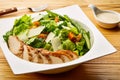 Herb Chicken Caesar salad with cherry tomato, cucumber, lettuce leaves and chicken breast slice served in dish isolated on wooden